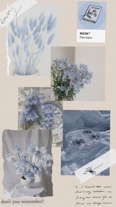 the collage shows blue flowers in white vases and papers with writing on them