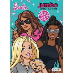 an adult coloring book with two women and a dog in front of the title, barbie jumbo