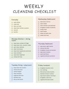 the weekly cleaning checklist is shown in this printable version, which includes several tasks