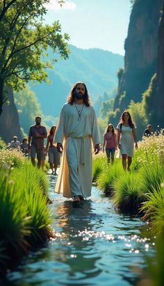 jesus is walking through the water with people in the background and grass on both sides