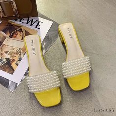 Lasaky - Pearl-Inspired Comfort Shoes for Women Casual Synthetic Flat Heels, Casual Flat Heel Synthetic Heels, Low Heel Synthetic Flats For Summer, Summer Low Heel Synthetic Flats, Synthetic Low Heel Flats For Summer, Casual Yellow Low Heel Shoes, Casual Yellow Low Heel Heels, Yellow Low Heel Casual Heels, Casual Party Flats With Round Toe