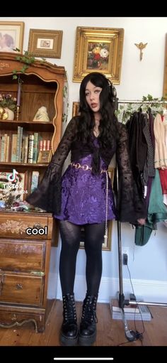 Long Skirt Outfits Whimsigoth, Gothic Whimsical Outfit, Witchy Outfit Inspiration, Whimsical Witchy Outfits, Edgy Whimsical Style, Ravencore Aesthetic Outfit, Cosmic Witch Aesthetic Outfit, Whimsi Goth Outfit, Gothic Purple Outfit