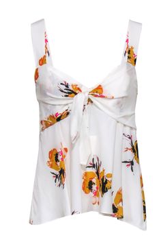 Current Boutique-A.L.C. - White Tie Front Floral Print Top Sz 8 Feminine Tie-back Beach Top, Feminine Tie Back Beach Top, Feminine Tie Back Top For Beach, Chic Tie Neck Tops For Vacation, Chic Vacation Tops With Tie Back, Summer Tie Back Tops For Brunch, Chic Tie Back Tops For Vacation, Breezy V-neck Summer Top, Chic Tie Neck Beach Tops