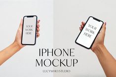 two hands holding an iphone mockup in front of a white wall with the text your work here