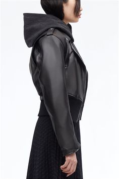 Black Leather Cropped Jacket With Zipper, Edgy Black Leather Cropped Jacket, Chic Black Biker Jacket With Belt Loops, Black Belted Moto Leather Jacket, Luxury Black Leather Jacket With Belt Loops, Cotton Lycra Fabric, Lycra Fabric, Perfect Pant, Leather Biker Jacket