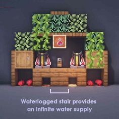 an image of a water station with plants on the wall and text that reads, waterlogged stair provides an infinite water supply