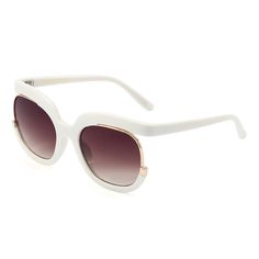 A modern take on a classic style. There's no way around it—these round sunglasses will get noticed. Made with plastic and metal, the frame features a cool metal detail on the sides of the rims. Slip on these round sunglasses, as a chic finish to a simple button-down and jeans combo.Frame Shape: RoundFrame Color: WhiteFrame Material: Mixed MaterialsLens Color: BrownLens Material: PCRim Type: Full RimLens Width: 62 mmBridge Width: 13 mmTemple Length: 120 mmFrame Width: 145 mmLens Height: 54 mmWeight: 37 gPolarized: NoSpring Hinge: YesAdjustable Nose Pads: No Casual White Round Frame Sunglasses, Trendy Summer Sunglasses With Round Frame, White Round Frame Sunglasses With Gradient Lenses, Trendy Round Frame Cat Eye Sunglasses For Summer, Trendy Cat Eye Sunglasses With Round Frame For Summer, Trendy Summer Cat Eye Sunglasses, Summer Sunglasses With Tinted Lenses And Round Frame, Trendy Round Frame Cat Eye Sunglasses With Tinted Lenses, Classic Cat Eye Sunglasses With Mirrored Lenses For Spring