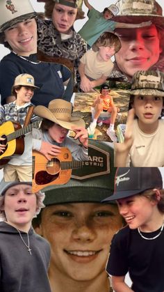 a collage of people with hats and guitars on their heads, one boy is smiling at the camera