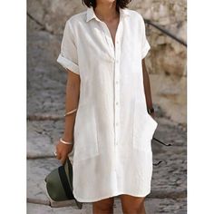 Season:Summer,Spring; Fabric:Linen; Sleeve Length:Short Sleeve; Look After Me:Machine wash; Gender:Women's; Style:Basic,Casual; Elasticity:Micro-elastic; Occasion:Formal,Vacation,Daily,Outdoor; Fit Type:Loose Fit; Dresses Type:Shirt Dress,Cotton Linen Dress,White Dress; Pattern:Pure Color; Design:Pocket,Button; Neckline:Shirt Collar; Front page:FF; Listing Date:04/25/2023; Production mode:External procurement; 2024 Trends:2023; Bust:; Length:; Shoulder Width:null; Waist:; Fit US Size:; Fit UK Size:; Fit EU Size:; Dress Length Type:Mini Dress; Print Type:non-printing; Fabric2:Cotton linen Formal Linen Dress, Dresses With Tennis Shoes, White Dress Shirt Women, Linen Dress Pattern, Linen Dress Summer, Dress Shirt Dress, White Dress Shirt, Mini Dress Formal, Cotton Linen Dresses