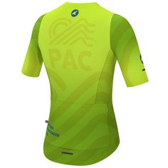 the back of a yellow jersey with blue and green letters on it, which are printed in