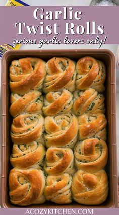 garlic twist rolls in a baking pan with text overlay