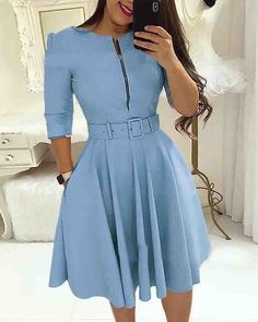 Slim Zipper Long-Sleeved Dress sold by Womens Style on Storenvy Round Neck Casual Dress, Women's Robe, Half Sleeve Dresses, Midi Dress Party, Stylish Plus, April 2024, Dress Zipper, Trend Fashion, Waist Dress