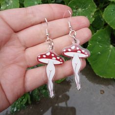 Mushroom With Legs Earrings Red Mushroom Design Earrings Gift, White Mushroom Design Earrings For Gift, White Mushroom Design Earrings As Gift, Cute White Earrings With Mushroom Design, White Earrings With Mushroom Design As Gift, Cute White Mushroom Design Earrings, Whimsical White Mushroom Design Earrings, White Mushroom-shaped Jewelry With Mushroom Design, White Dangle Earrings With Mushroom Design