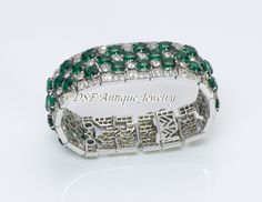 Knoll & Pregizer Art Deco Paste Bracelet Art Deco Silver, Emerald Bracelet, Genuine Love, Box Clasp, Green And White, Antique Jewelry, Emerald, Crown Jewelry, Art Deco