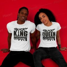 The Black King And Black Queen T-Shirt Matching Set...Black T-Shirt With White Print Or White T-Shirt With Black Print. Message For Colors Please Pre-shrunk Black Graphic Tee, Black Crew Neck T-shirt Hip Hop Style, Black Band Merch Tops With Letter Print, Black Band Merch Top With Letter Print, Black Letter Print Top Band Merch, Black Pre-shrunk Tops For Streetwear, Black Hip Hop Shirt With Letter Print, Black Band Merch T-shirt With Letter Print, Black Band Merch Shirt With Text Print