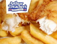 fish and chips on a white plate with an advertise for the author's teachers