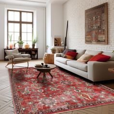 a living room filled with furniture and a large rug