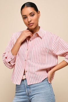 Cute and casual vibes come together to create the trendy look that is the Lulus Chic Marvel Pink and Ivory Striped Button-Up Long Sleeve Top! Breezy, cotton-blend woven fabric, with a white and pink striped pattern throughout, shapes a classy collared neckline and long sleeves with drop shoulders and button cuffs. An oversized, cropped bodice features a front patch pocket and functional button placket at the center. Fit: This garment fits true to size. Length: Size medium measures 22.50" from sh Lulu Fashion, Ivory Tops, Pink Stripes, Come Together, Grey Stripes, Button Placket, Long Sleeve Top, Patch Pocket, Woven Fabric