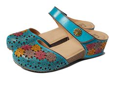 L'Artiste by Spring Step Spikey - Women's Shoes : Turquoise Multi : Please note that due to the unique hand-painted design of L'Artiste by Spring Step footwear, the exact design may vary from piece to piece. Add some floral delight to your look in the colorful L'Artiste by Spring Step Spikey closed-toe slip-on sandal. Perforated hand-painted leather upper features cutouts and an adjustable hook-and-loop fastener at instep. Synthetic linings with a cushioned footbed for added comfort. Signature d L'artiste By Spring Step, Hand Painted Leather, Clogs Shoes, Slip On Sandal, Women's Shoes, Heel Height, Leather Upper, Slip On, Turquoise