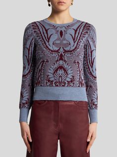 Wool jacquard sweater with Paisley motif.• Regular fit• Crew neck• Long sleeves• Made in Italy• The model is 5’10” (178 cm) tall and wears a size 40 (IT) • 100% wool Paisley Sweater, Embroidered Wool, Jacquard Sweater, Jacquard Knit, Wool Knit, Sweaters Knitwear, Paisley Pattern, Wool Jacket, Wool Sweater