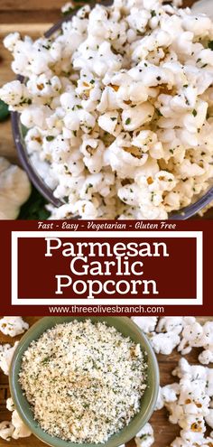 parmesan garlic popcorn in a bowl on a wooden table with the title overlay