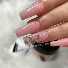 Baby Pink Nails, Glittery Nails, Nail Designs Valentines, Gold Nail, Her Nails, Simple Acrylic Nails, Coffin Nails Long, Bling Acrylic Nails