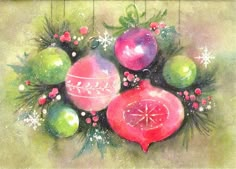 a christmas card with ornaments and holly on the bottom, in watercolng style