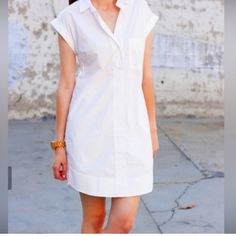 J Crew Collared Shirt Dress With Pocket- Size M - White Basically Brand New, Worn Once Or Twice. White Shift Shirt Dress For Daywear, White Shift Shirt Dress For Day Out, White Cotton V-neck Shirt Dress, Classic White Shirt Dress For Spring, Classic White V-neck Shirt Dress, Classic Short Sleeve Shirt Dress For Day Out, Casual White V-neck Shirt Dress, White Short Sleeve Cotton Shirt Dress, White Cotton Short Sleeve Shirt Dress