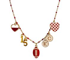 This one of a kind 18k gold plated chain with red beads. The charms show your love for Mahomes. The chain has a lobster claw clasp. The chain length is 18"L. Free Shipping Charmed Show, Red Beads, Kansas City Mo, Red Bead, Kansas City Chiefs, Gold Plated Chains, Lobster Claw, Chain Lengths, Chain Length