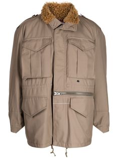 sand beige shearling collar four front flap pockets concealed front fastening zip detail epaulettes long sleeves drawstring hem Beige Winter Outerwear With Cargo Pockets, Beige Long Sleeve Outerwear With Cargo Pockets, Winter Beige Utility Jacket With Patch Pockets, Beige Utility Jacket With Patch Pockets For Winter, Brown Winter Outerwear With Concealed Fastening, Beige Long Sleeve Outerwear With Concealed Fastening, Drawstring Jacket, Sand Beige, Shearling Jacket