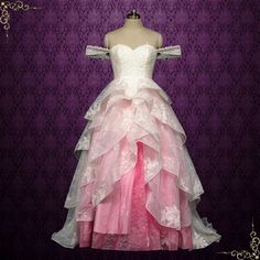 Barbie Pink Ombre Lace Tiered Ball Gown Wedding Dress | ERIS Pink And Red Wedding Dress, Barbie Inspired Wedding Dress, Pink And Black Wedding Dress, Hot Pink Wedding Dress, Pink And White Wedding Dress, Pink And White Gown, Barbie Pink Color, Hot Pink Weddings, Barbie Wedding Dress