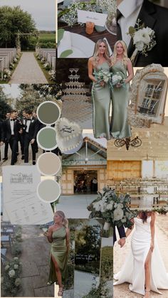 a collage of photos with people dressed in formal wear and wedding colors, including green