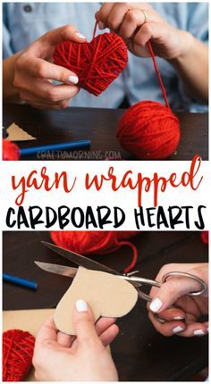 yarn wrapped in cardboard is being used to make heart shaped cards for valentine's day