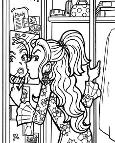 a coloring page with a girl looking in the refrigerator