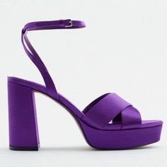 Zara Purple Satin Chunky Heel Platform Sandals Size Eu 41, Us 10 Zara Purple Satin Chunky Heel Platform Sandals With Wide Crossed Straps, Buckled Strap Closure At The Ankle. Airfit Technical Flexible Latex Foam Insole Designed To Offer Increased Comfort. Heel Height: 4.5 Inches (11.5 Cm). New Without Box, Bought In Store (Means They Have Been In A Retail Setting) Might Have Signs From Being Handled Or Tried Material: Please See Photos For Materials Tag Colors May Slightly Vary From Photography Lighting Please Take Your Time When Looking All Pictures Accept Good Offers Thank You For Visit My Closeth Chunky Heel Platform Sandals, Insole Design, Photography Lighting, Platform Heels Chunky, Purple Satin, Take Your Time, Zara Shoes, Light Photography, Chunky Heel