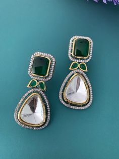 Top quality uncut kundan earring with American diamond work and monalisa top. About 2.5 inch long, push back and super light weight . Elegant Green Chandelier Earrings With Stone Work, Green Kundan Bridal Earrings Hand Set, Green Kundan Jewelry With Matching Earrings, Hand Set Green Kundan Bridal Earrings, Green Kundan Hand-set Danglers, Elegant Green Kundan Chandbalis, Formal Kundan Bridal Earrings Jeweled, Elegant Green Stone Work Earrings, Formal Kundan Bridal Earrings With Jewels