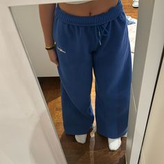 Never Worn Before Too Long On Me I Am A 5’1 Female Blue High Waist Trendy Sweatpants, Casual High Waist Blue Sweatpants, Casual High-waist Blue Sweatpants, Trendy Wide Leg Blue Sweatpants, Trendy Blue Wide Leg Sweatpants, Trendy Blue Straight Leg Sweatpants, High Waist Blue Sweatpants For Loungewear, Sporty High Rise Pants For Loungewear, Sporty High Rise Loungewear Pants