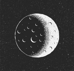 the moon is shown in black and white, with stars on its back ground to the left