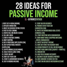 a poster with the words, 28 ideas for passive incomee written in green