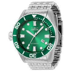 This impressive Invicta Pro Diver watch features a precise Automatic movement as well as steel, green, silver case. Its green , metal dial is enclosed by a highly protective Mineral Crystal. This watch is finished by a strong steel , stainless steel band, and it offers 100 m water resistance. Plunge into any horizon using the steadfast guidance of the Invicta Pro Diver. Stylishly classic, internal workings are forged with variations of bold movements. Built with confident prowess, the fortitude Green Chronograph Stainless Steel Watch, Green Stainless Steel Chronograph Watch Accessories, Green Stainless Steel Chronograph Watch, Green Stainless Steel Watch Accessories, Green Chronograph Watch With Analog Round Dial, Green Stainless Steel Watch Accessories With Round Dial, Modern Green Chronograph Watch, Modern Green Analog Watch Accessories, Modern Green Stainless Steel Watch Accessories