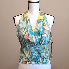 Cute Summer Halter Sexy Top. Women Large. Green, Yellow, Pink, Turquoise Color Swirls. New Wth Tags. I Have Many More Items Like This & In This Size In My Other Listings. Check Out My Closet!! Get A Discount On A Multiple (More Than 1 Item) Purchase & Pay Only 1 Price On Shipping! Fitted Multicolor V-neck Halter Top, Multicolor V-neck Halter Top For Spring, Flirty Halter Neck Tops For Beach, Flirty Fitted Tops For Beach, Flirty Fitted Top For The Beach, Flirty Camisole Top For Beach, Chic Multicolor Fitted Halter Top, Flirty Camisole Top For Vacation, Feminine Fitted Multicolor Tops