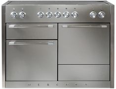 a stainless steel oven with four burners and two doors on the front, side by side