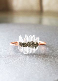 rose-gold-quartz-pyrite-cuff Raw Gold, Pyrite Jewelry, Rose Gold Quartz, Clear Quartz Point, Clear Quartz Crystal, Raw Crystal, Quartz Points, Brass Material, Crystal Points