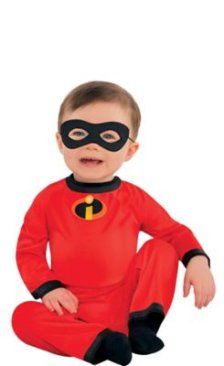 a baby dressed as the incredible mr incredible sitting on the floor wearing a red costume