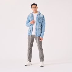 "Introducing our Cargo Pocket Hooded Denim Jacket in a trendy Light Blue Wash! This jacket is not just your ordinary denim jacket, it's packed with style and functionality. The cargo pockets on the front not only add a cool and edgy look, but also provide plenty of room to store your essentials. The attached hood gives an extra layer of warmth and can be easily adjusted with the drawstrings. With its comfortable fit and versatile light blue wash, this jacket is perfect for any casual occasion. P Light Blue Denim Jacket Men, Casual Denim Utility Jacket With Pockets, Urban Washed Denim Blue Outerwear, Casual Washed Utility Jacket For Streetwear, Casual Washed Blue Outerwear With Flap Pockets, Casual Denim Outerwear With Cargo Pockets, Casual Denim Jacket With Cargo Pockets For Spring, Casual Denim Jacket With Multiple Pockets, Casual Denim Jacket With Pockets For Outdoors