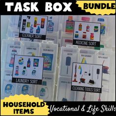 several plastic storage boxes with cleaning supplies in them and labeled household & life skills attached to each box