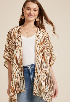 Zebra Kimono - Materials & Care:imported - 100% polyester - machine wash Spring Zebra Print Tops For Beach, Spring Beach Zebra Print Tops, Kimono Wrap, List Style, Elbow Length Sleeve, Zebra Print, One Size Fits All, Relaxed Fit, Fabric