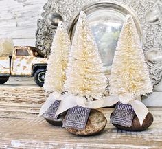 three small white trees sitting next to each other on top of a wooden table in front of a mirror