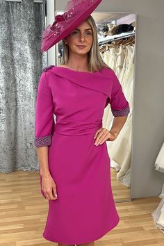 Modsele this fuchsia dress with scarf is perfect for special occasions. It features an intricate beading detail on one shoulder and cuffs, an asymmetrical neckline with a scarf detail, and a calf-length skirt. The tight bodice ensures a flattering fit for a classic, sophisticated look.#wedding#weddingguestdresses#motherofthebridedresses#motherofthegroomdresses Pink Sequin Party Dress, Tight Homecoming Dress, Dress With Scarf, Mothers Gowns, Sparkle Shorts, Cute Homecoming Dresses, Mini Homecoming Dresses, Calf Length Skirts, Fuchsia Dress