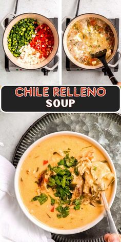 three pictures showing different types of soup in bowls